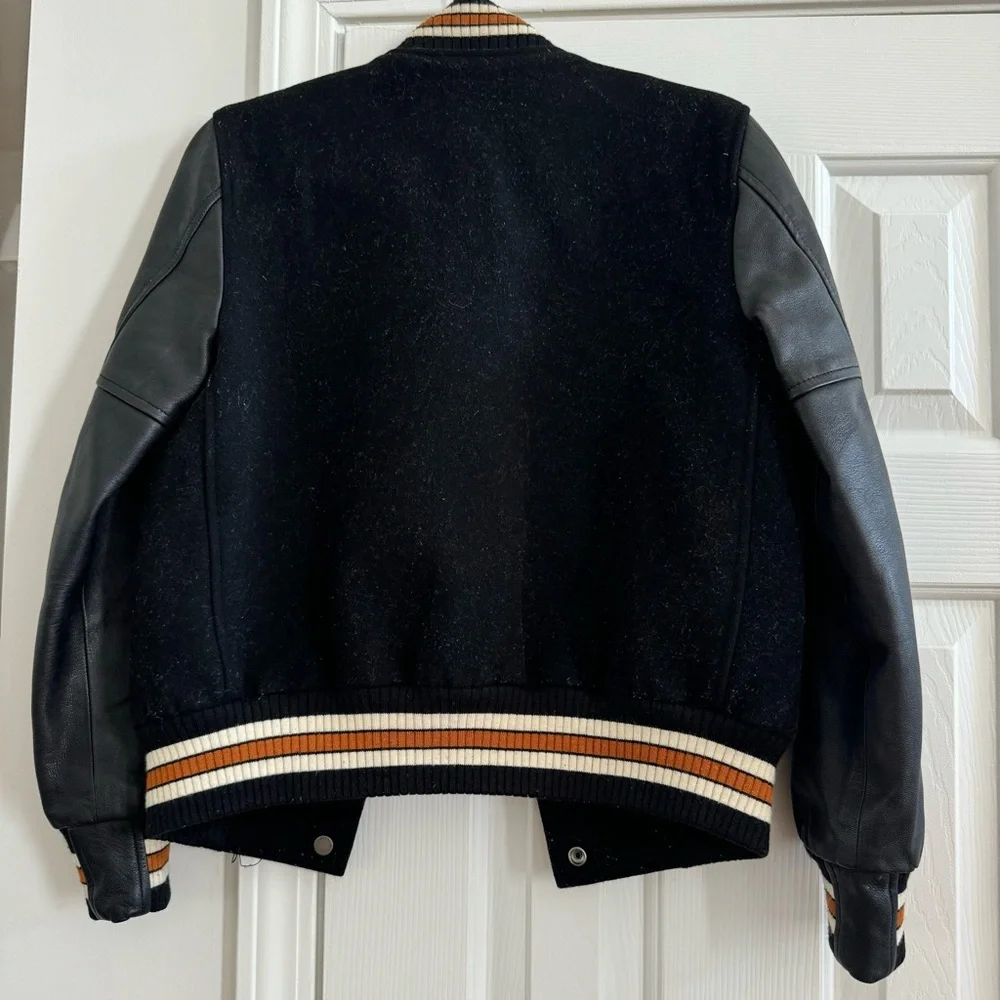COACH Black Wool & Leather Patch Jacket, Stadium Style,Size XS